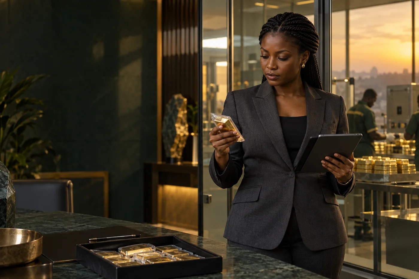 Illustrative professional gold-operations officer reviewing a sealed parcel