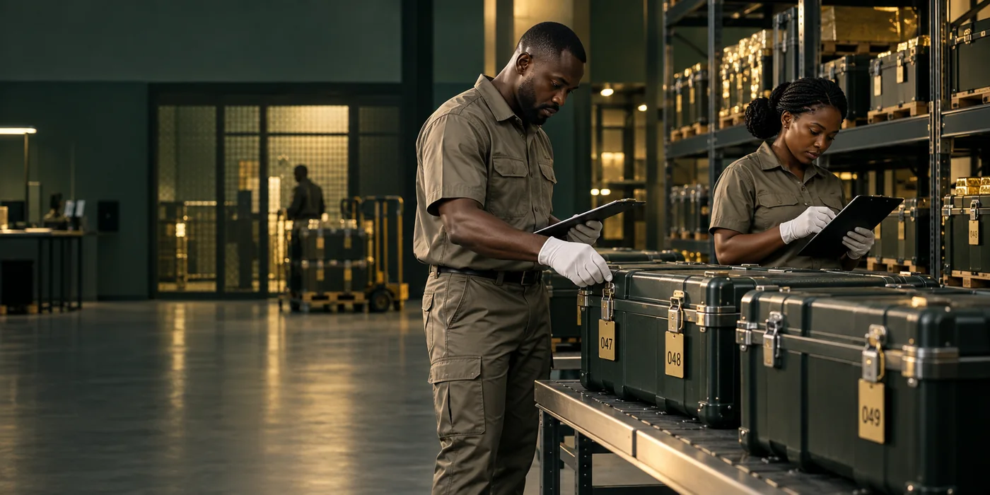 Illustrative operations professionals checking sealed transport cases
