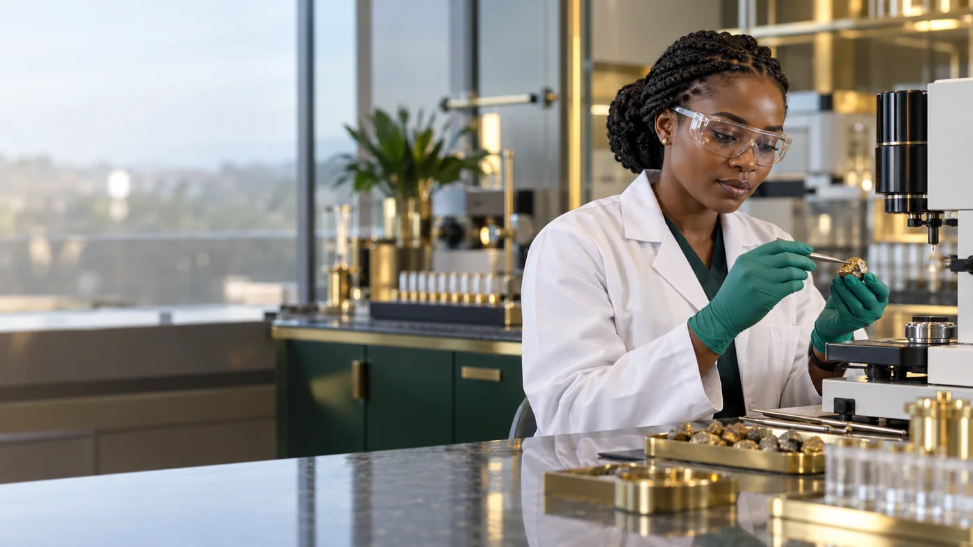 Illustrative laboratory professional analysing a mineral sample