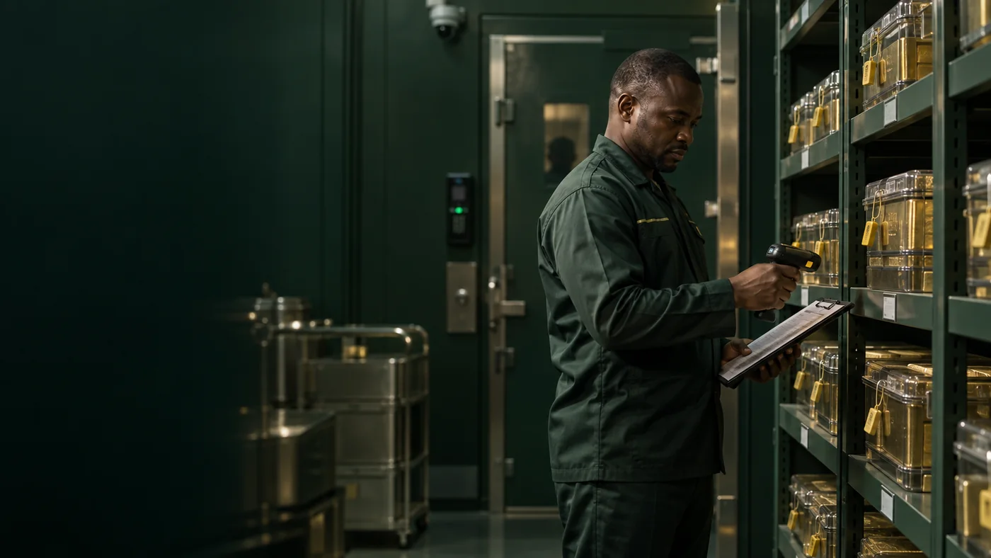 Illustrative inventory officer reviewing sealed stock in controlled storage