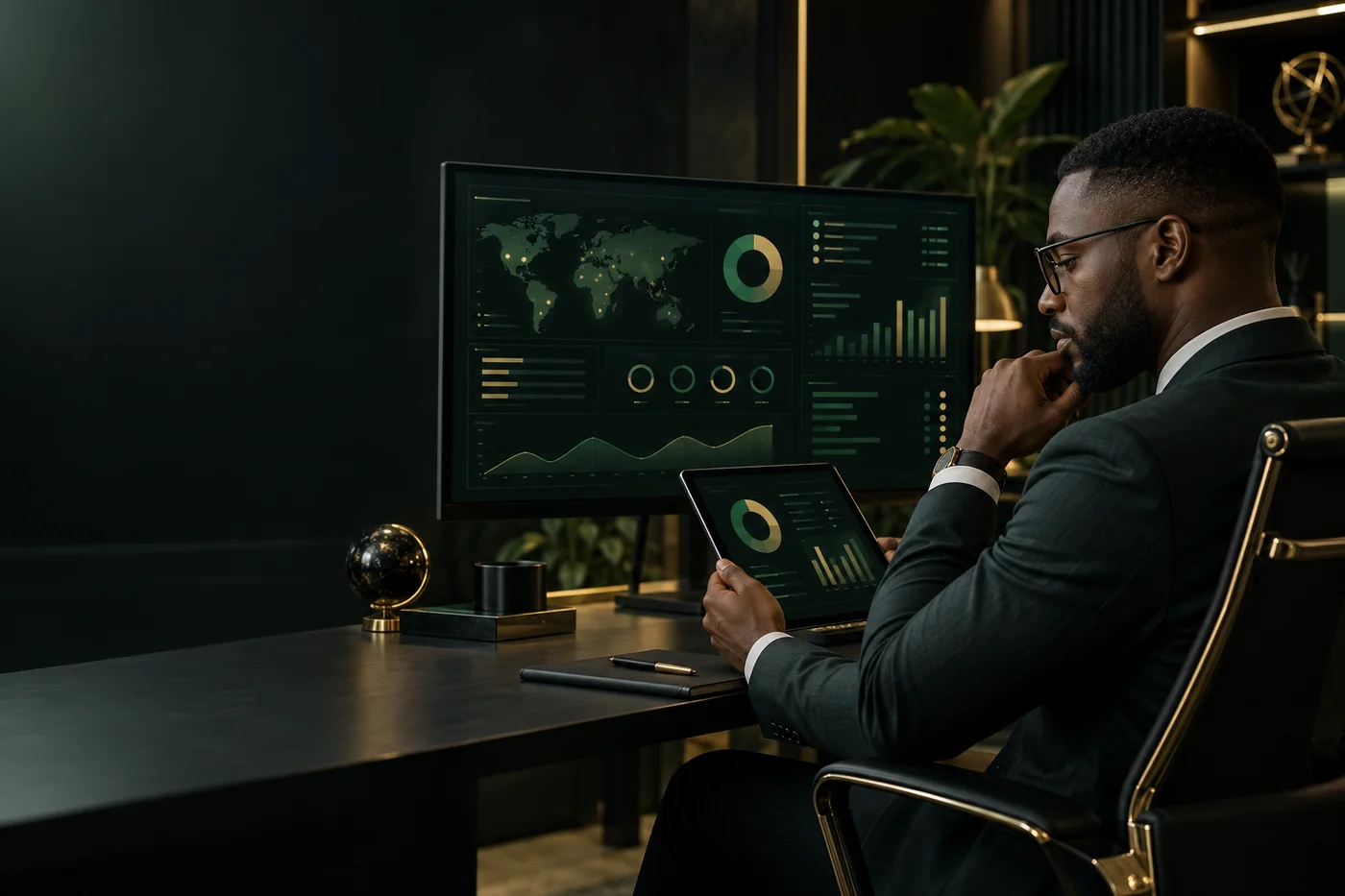 Illustrative business analyst reviewing an abstract operations dashboard
