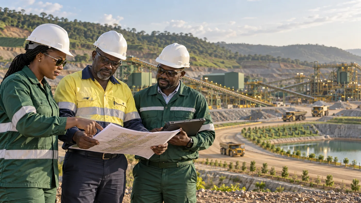 Illustrative Ghanaian operations leaders reviewing a site plan